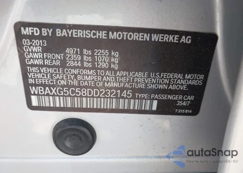 2013 BMW 5 Series 528I из США, поврежденный, VIN WBAXG5C58DD232145